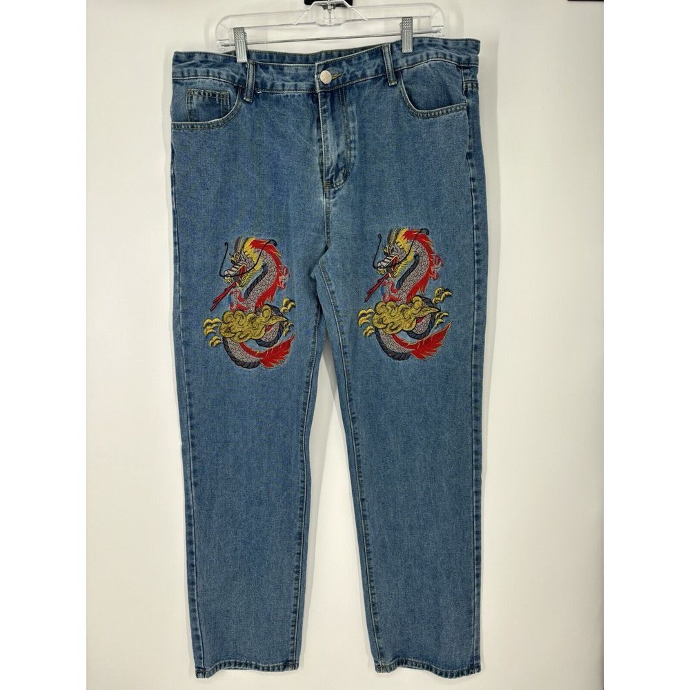 Vintage‎ Jeans 38x32 Dragon Embroidered Denim Super Baggy Skate Y2K Jnco Style